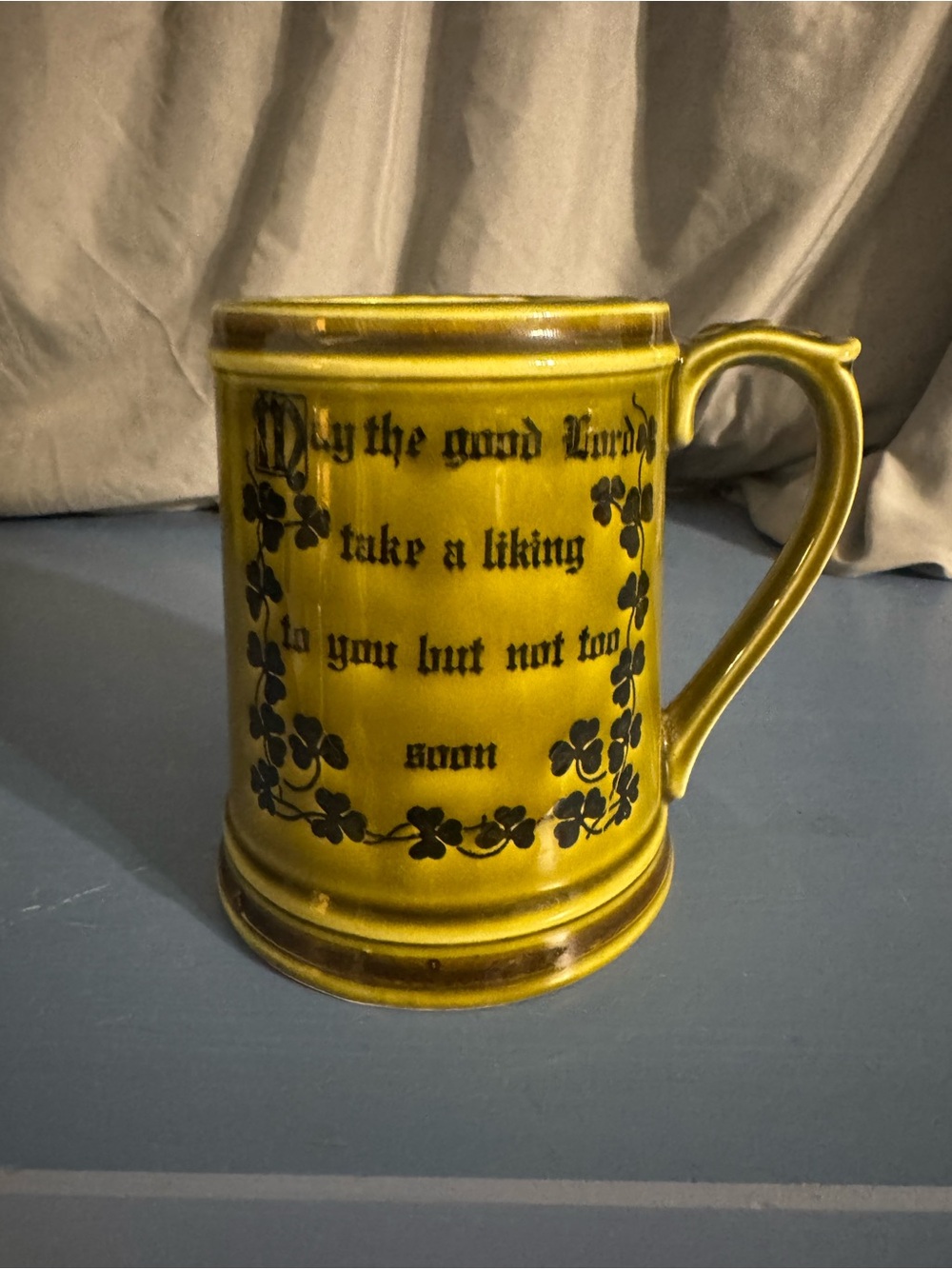 Yellow Ceramic Tankard Mug with Black Script and Clover Design